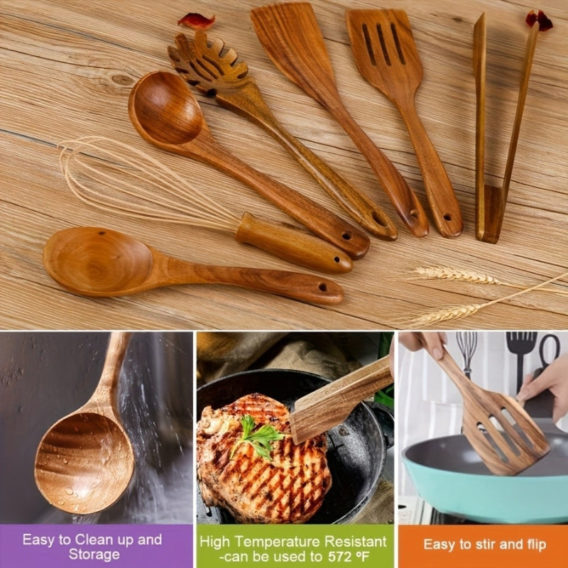 Set d'Ustensiles de Cuisine en Bois – 7 Pièces Élégantes et Antirayures