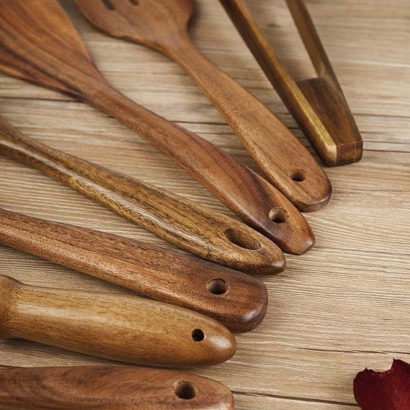 Set d'Ustensiles de Cuisine en Bois – 7 Pièces Élégantes et Antirayures