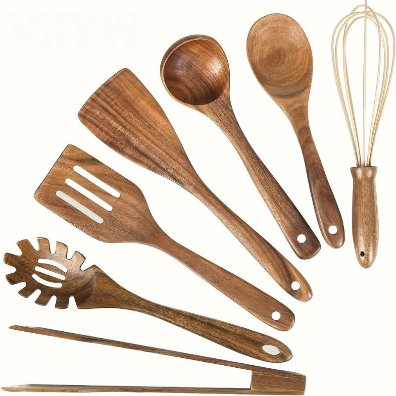 Set d'Ustensiles de Cuisine en Bois – 7 Pièces Élégantes et Antirayures