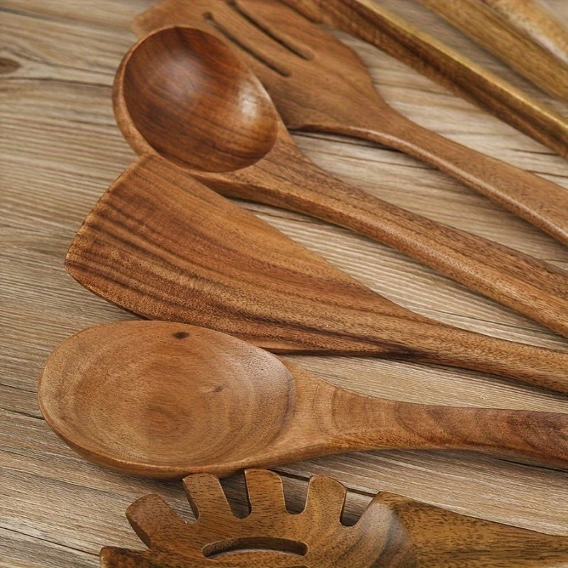 Set d'Ustensiles de Cuisine en Bois – 7 Pièces Élégantes et Antirayures