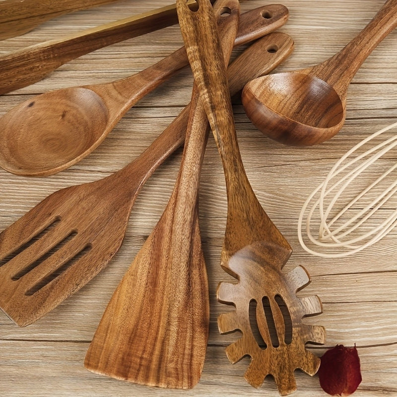 Set d'Ustensiles de Cuisine en Bois – 7 Pièces Élégantes et Antirayures