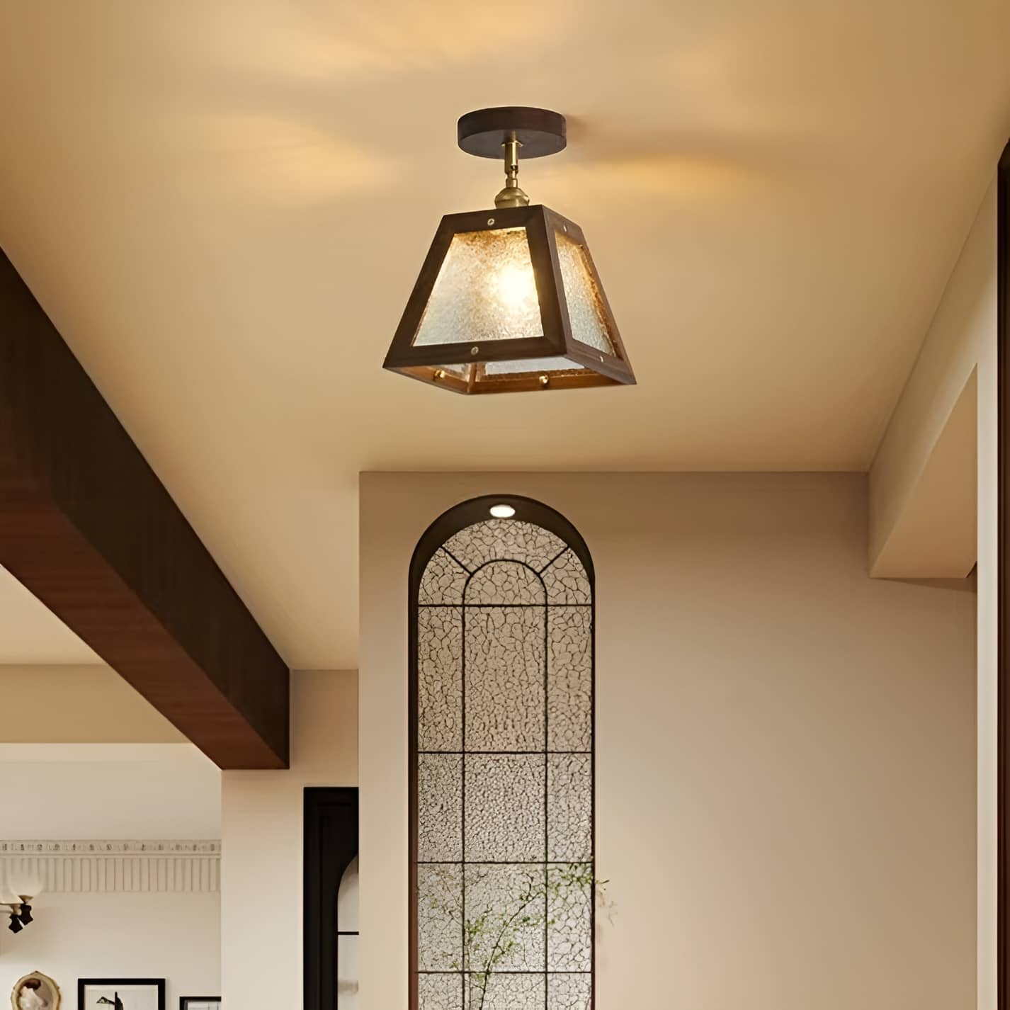 Plafonnier Rustique Bois et Verre Coloré Style Industriel