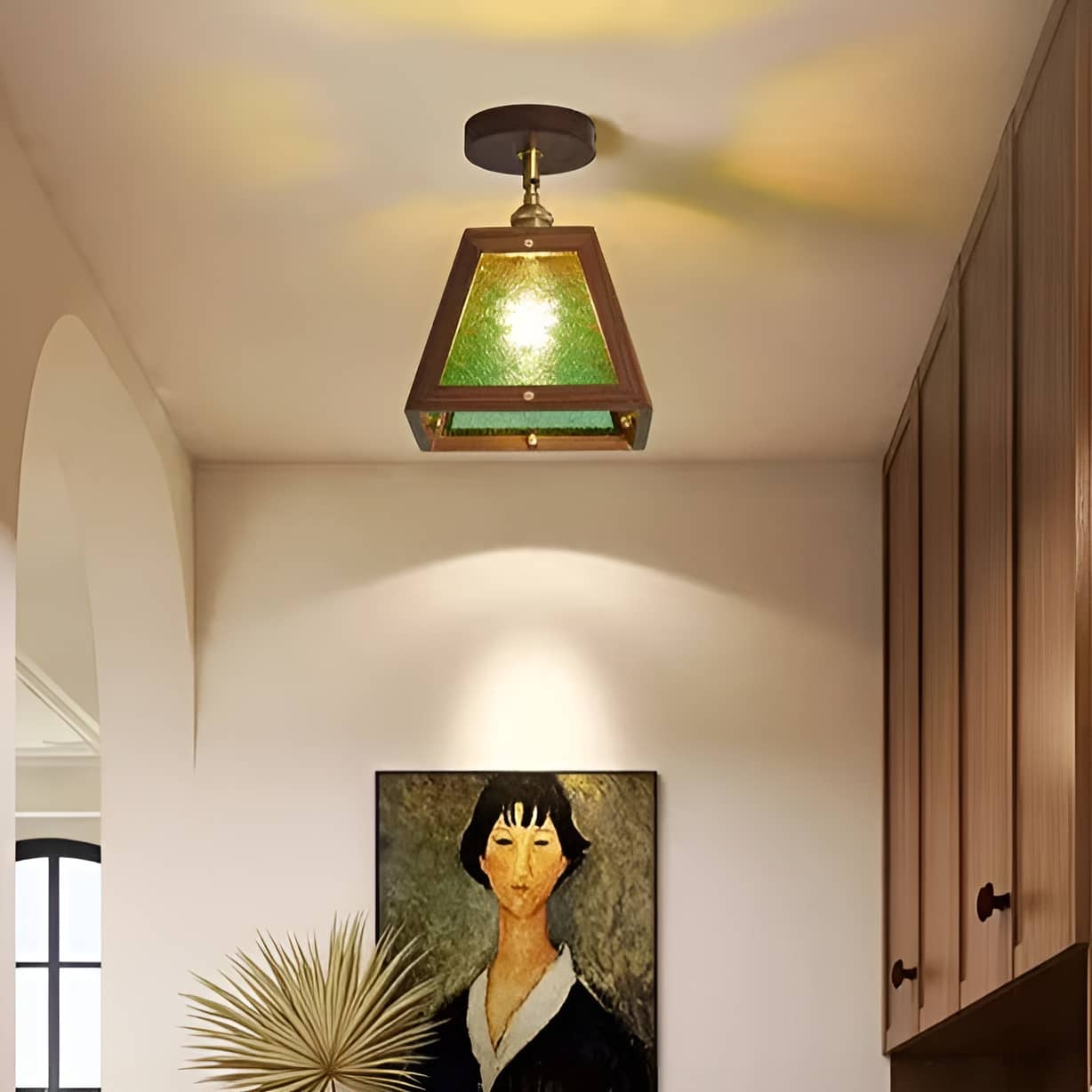 Plafonnier Rustique Bois et Verre Coloré Style Industriel