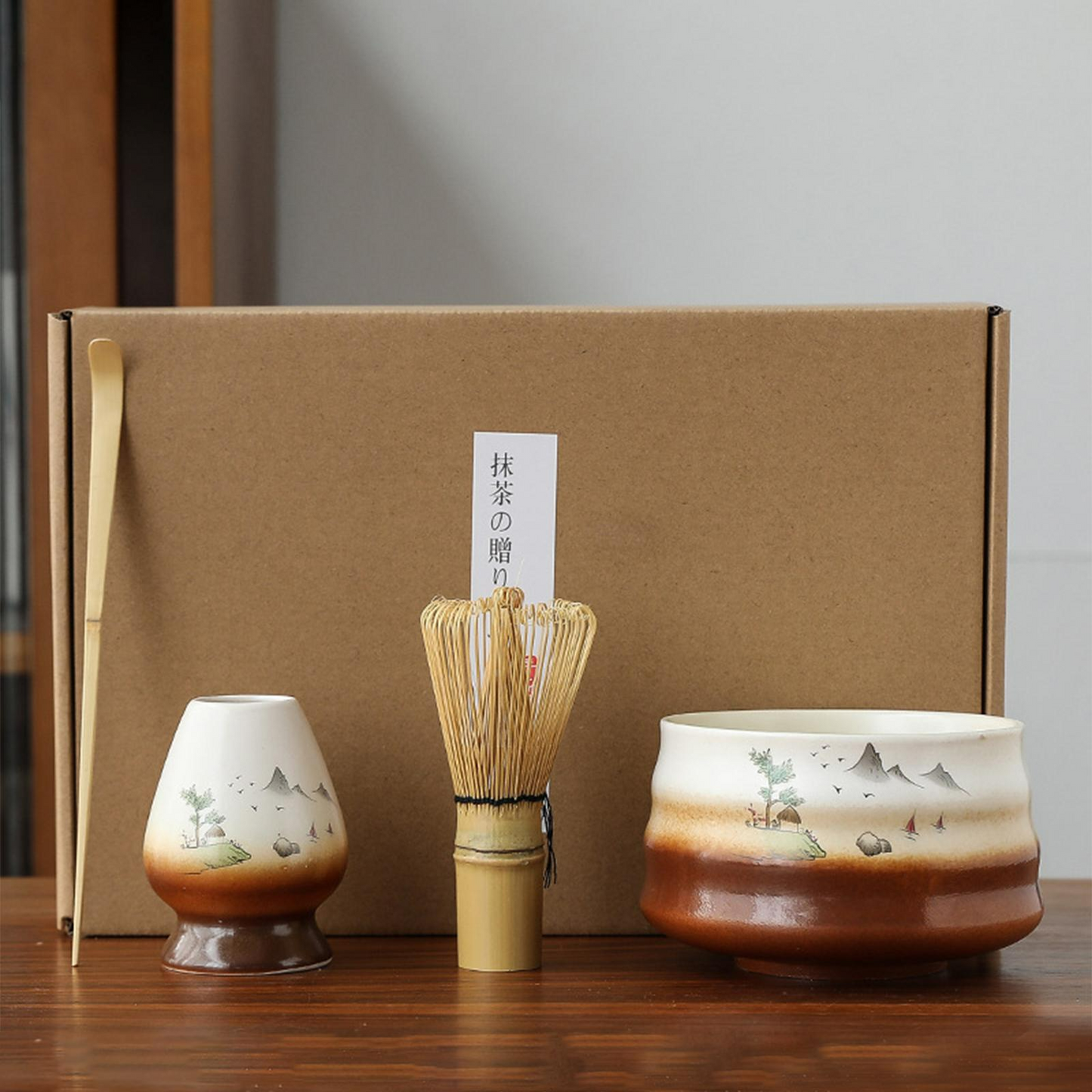 Kit Cérémonie Matcha Japonais – 4 Pièces en Bambou & Céramique