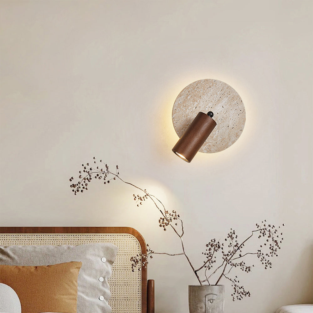 Applique Murale de Chevet, Travertin & Bois, Ø18cm, Orientable