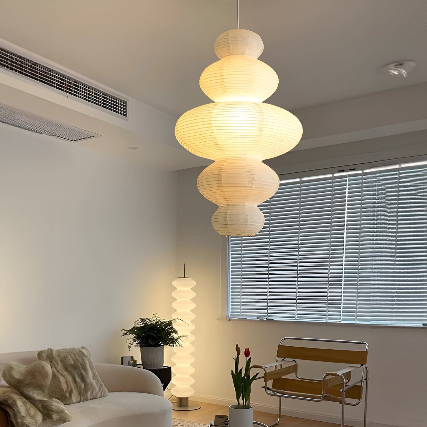 Suspension Akari Juni, Papier Sculpté Blanc, Design Ondulé