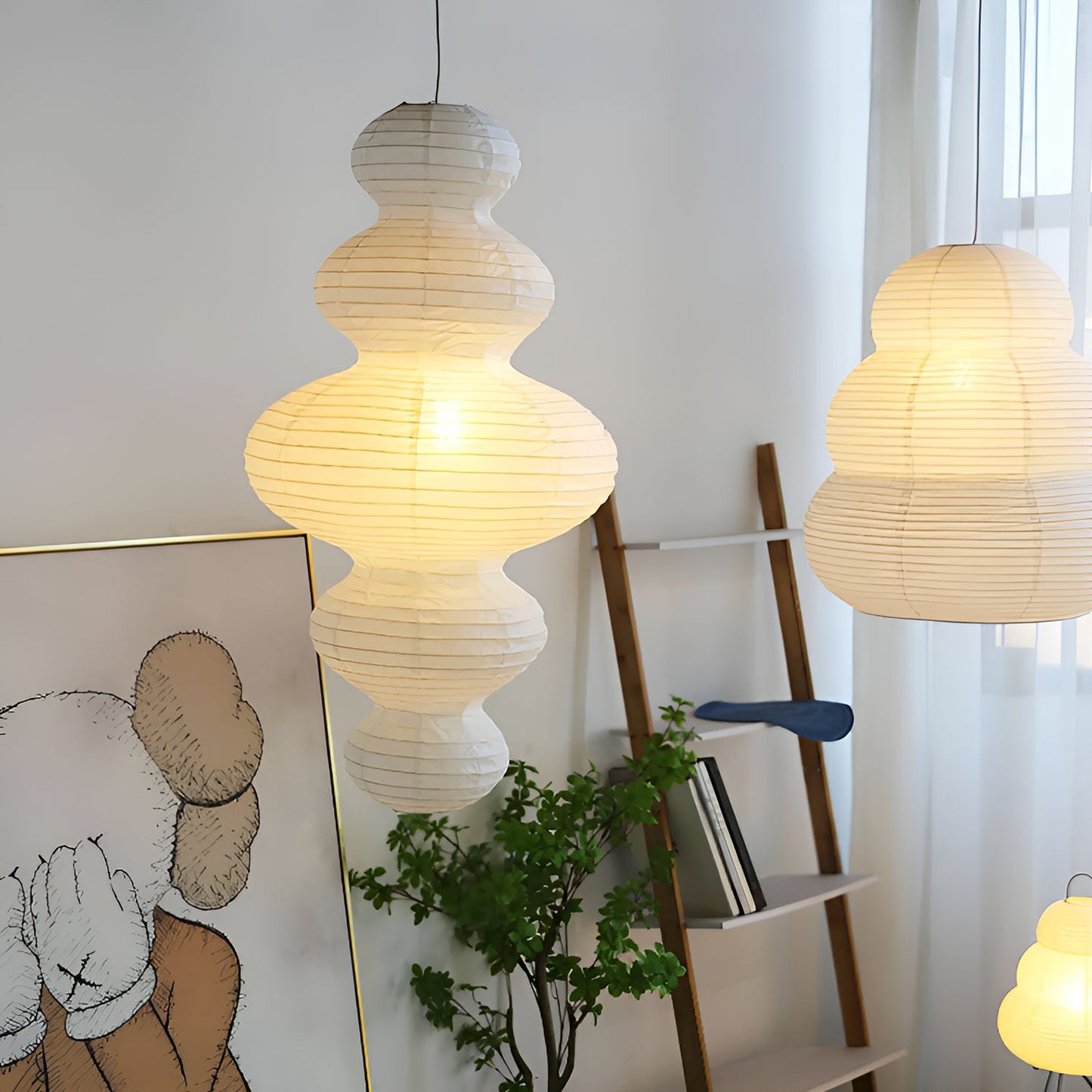 Suspension Akari Juni, Papier Sculpté Blanc, Design Ondulé