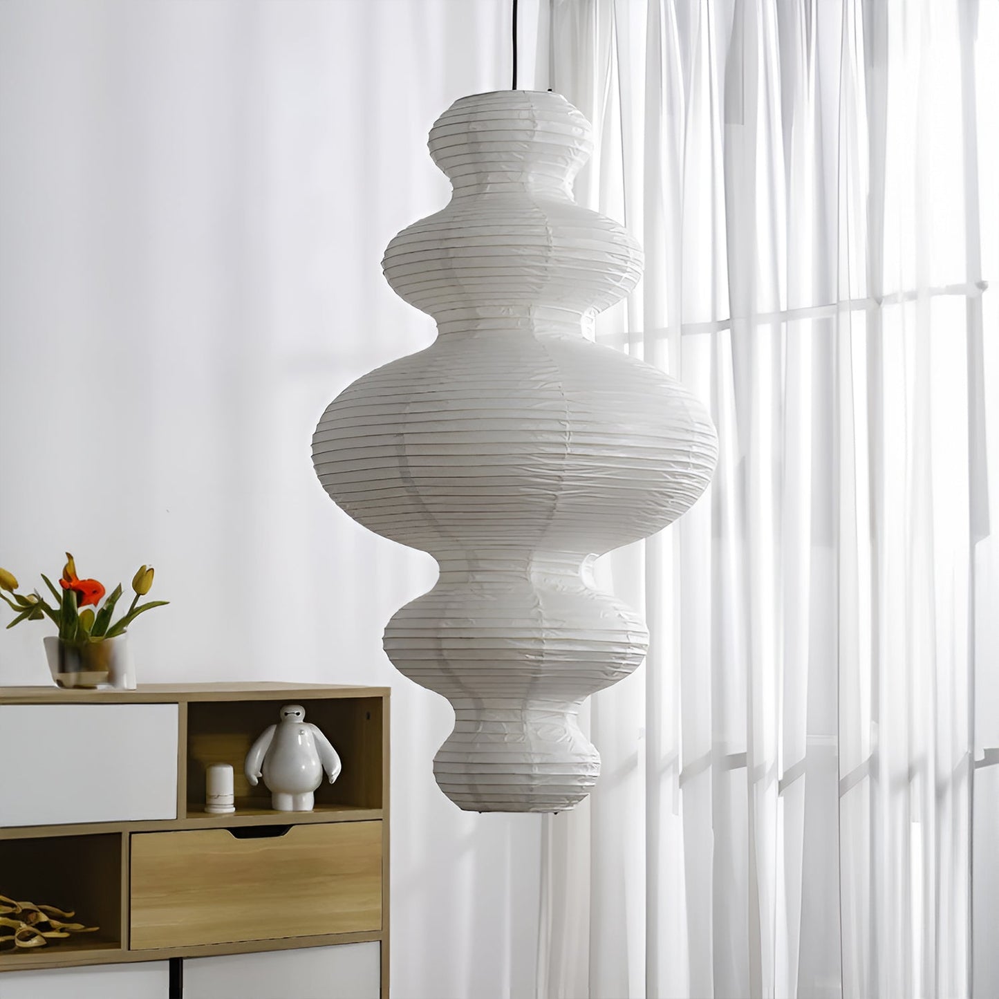 Suspension Akari Juni, Papier Sculpté Blanc, Design Ondulé