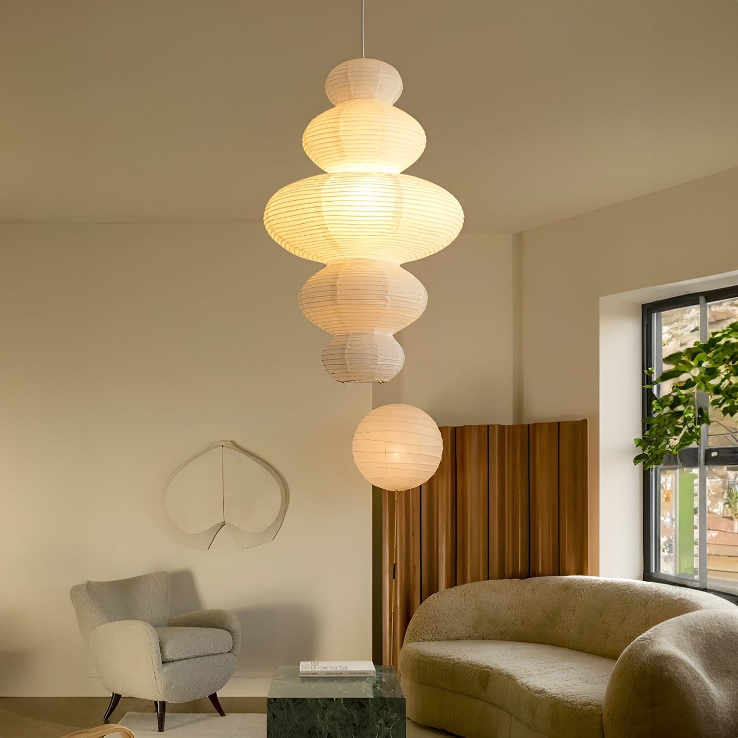 Suspension Akari Juni, Papier Sculpté Blanc, Design Ondulé