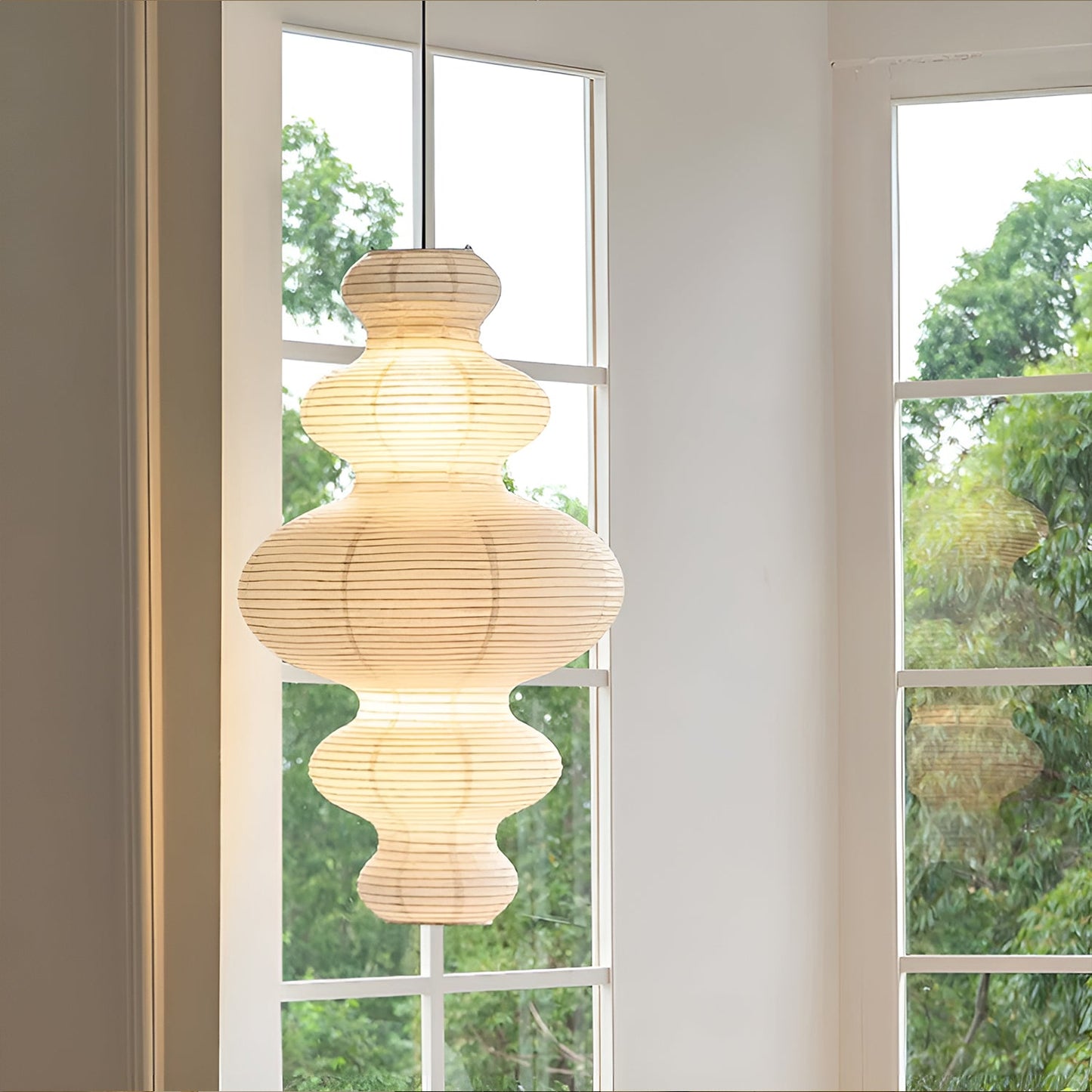 Suspension Akari Juni, Papier Sculpté Blanc, Design Ondulé