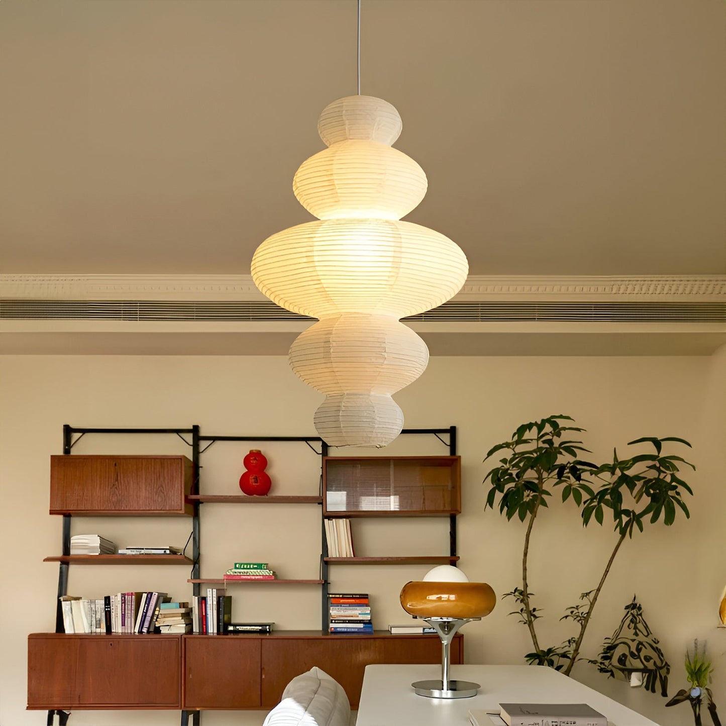 Suspension Akari Juni, Papier Sculpté Blanc, Design Ondulé