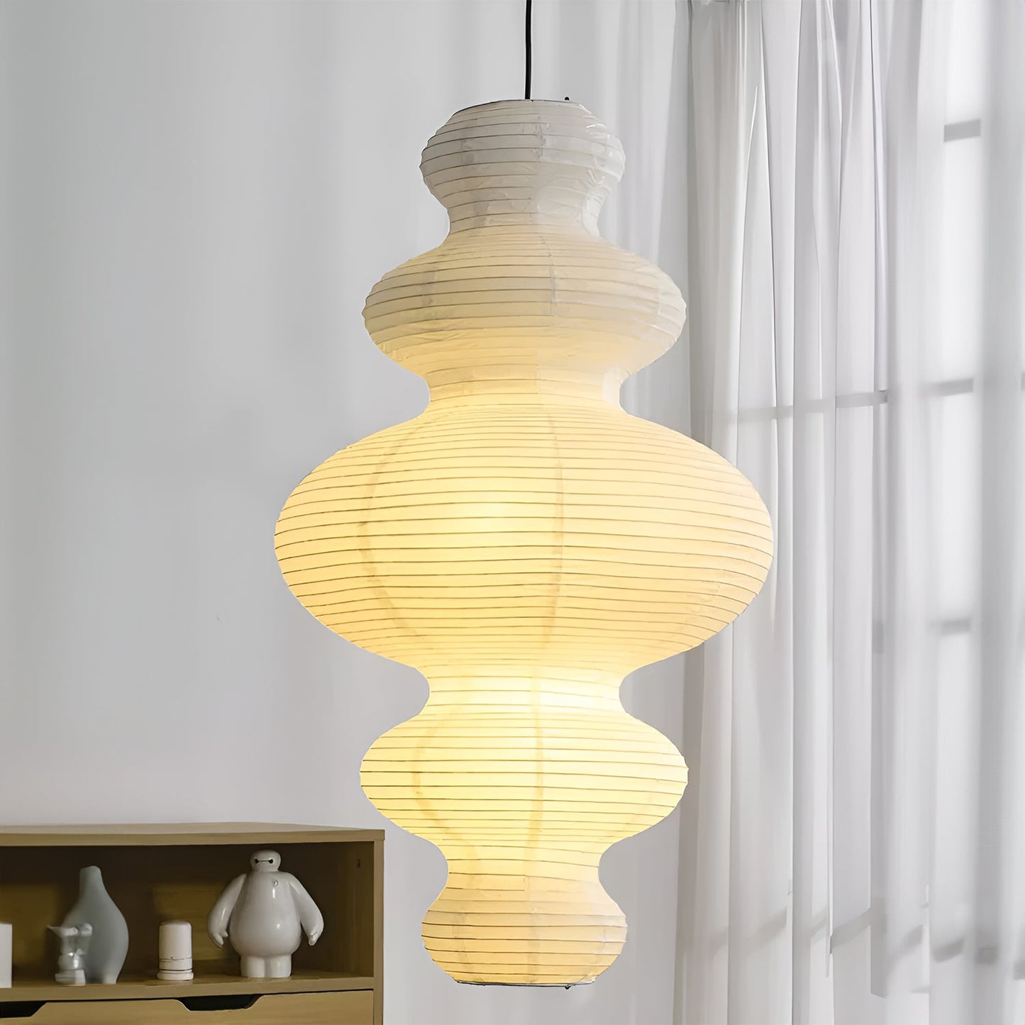 Suspension Akari Juni, Papier Sculpté Blanc, Design Ondulé
