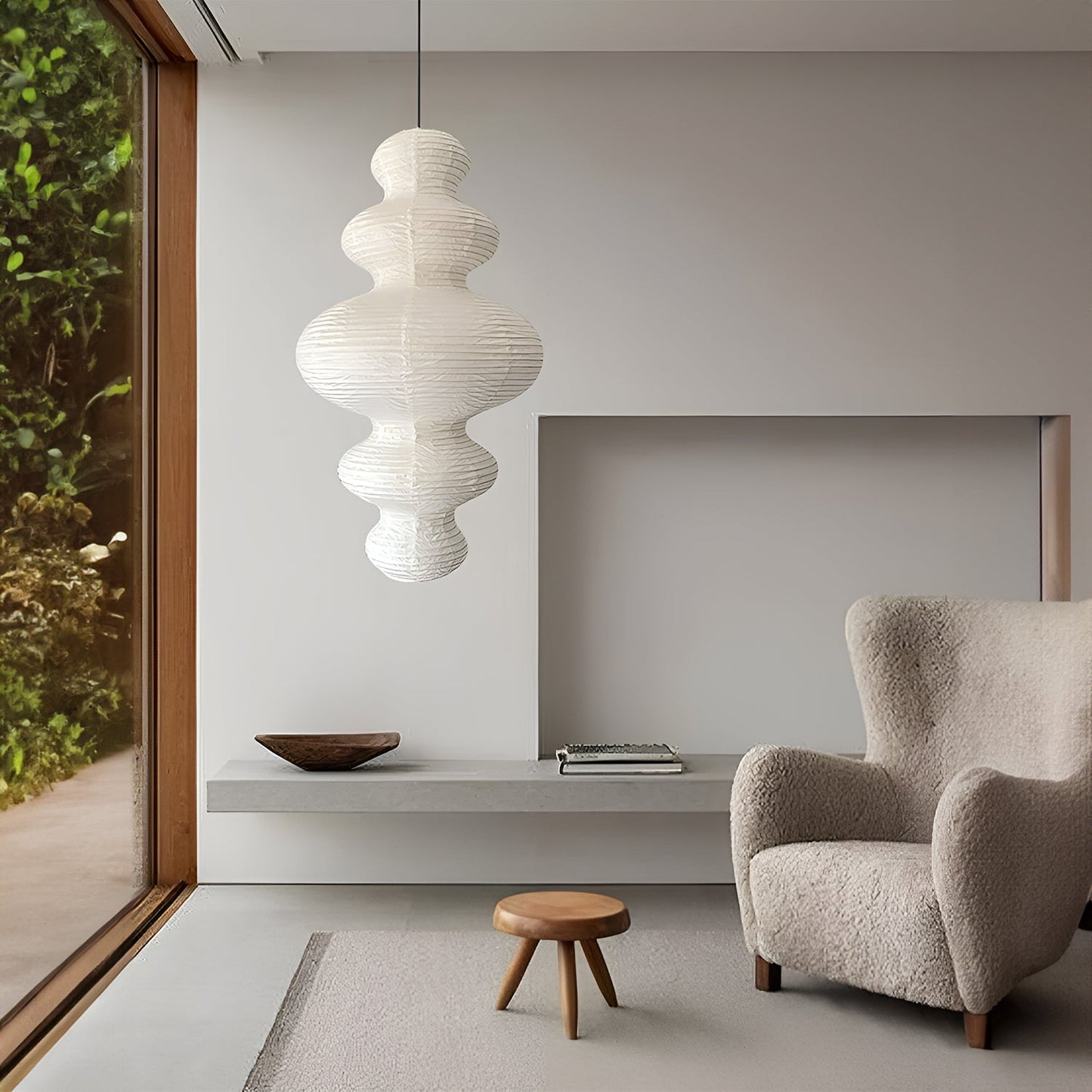 Suspension Akari Juni, Papier Sculpté Blanc, Design Ondulé