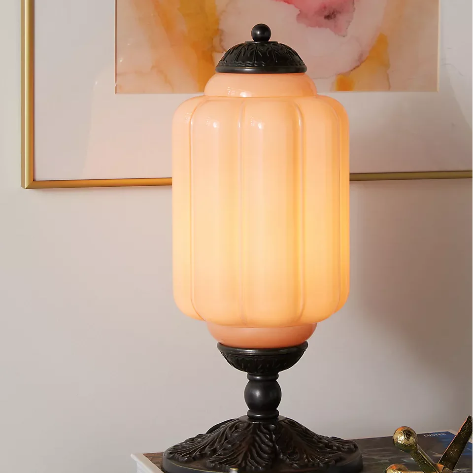 Lampe Eloise Vintage en Verre Opalin, Laiton Sculpté, H38cm