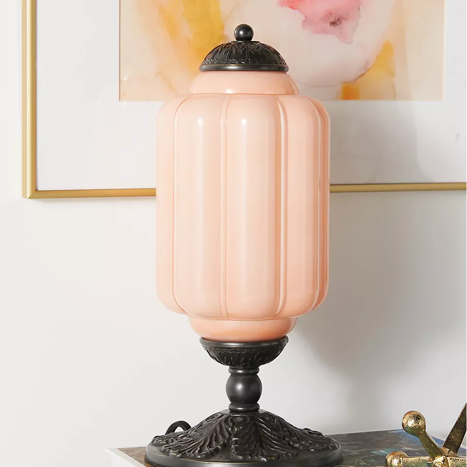 Lampe Eloise Vintage en Verre Opalin, Laiton Sculpté, H38cm
