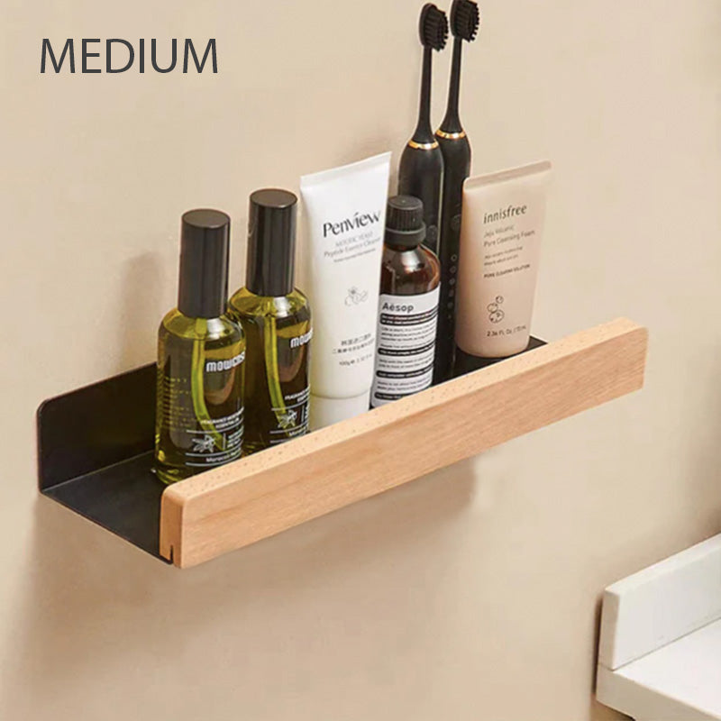 Étagère Murale Salle de Bain, Aluminium et Bois Massif