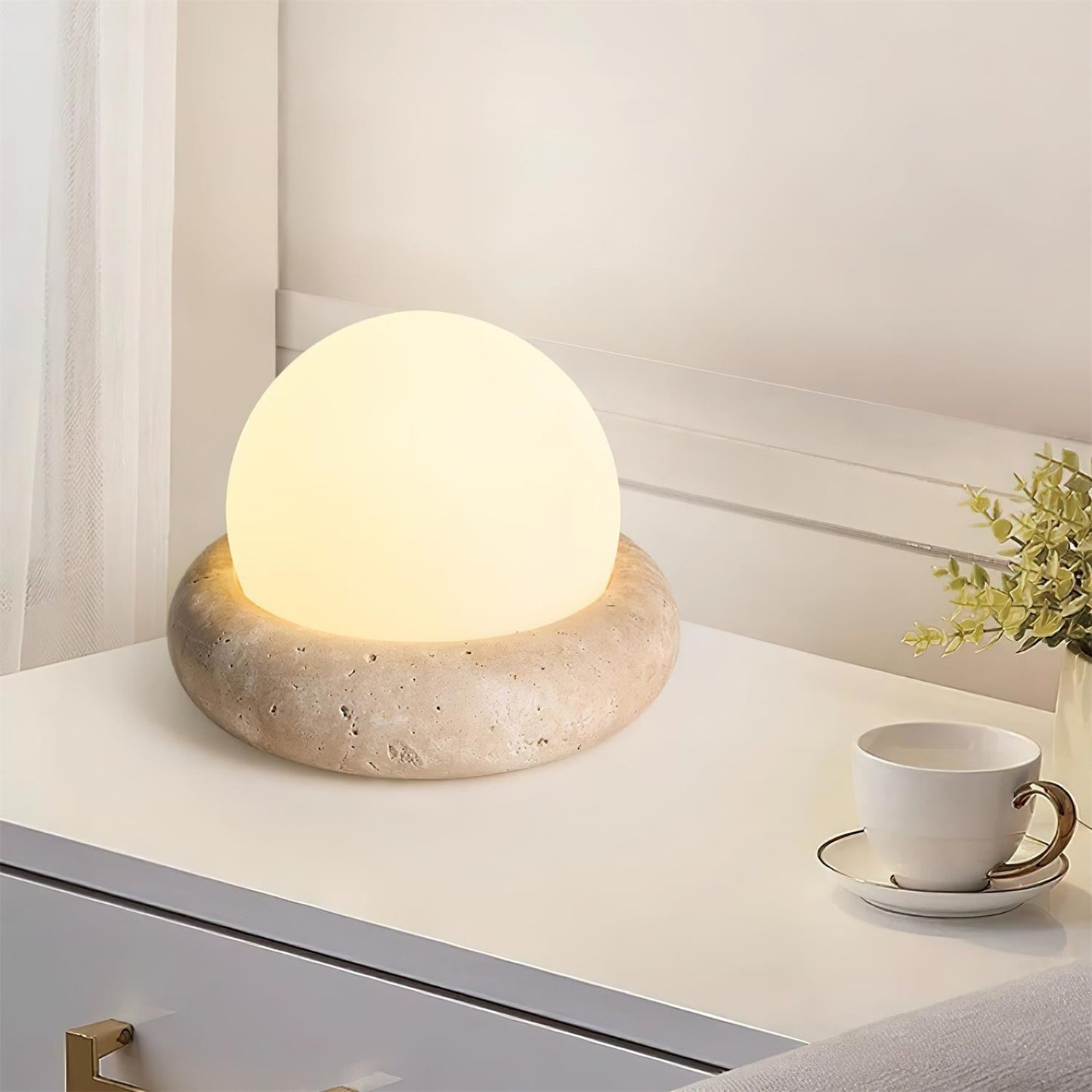 Lampe de Table LED Œuf Rechargeable sur Base en Pierre