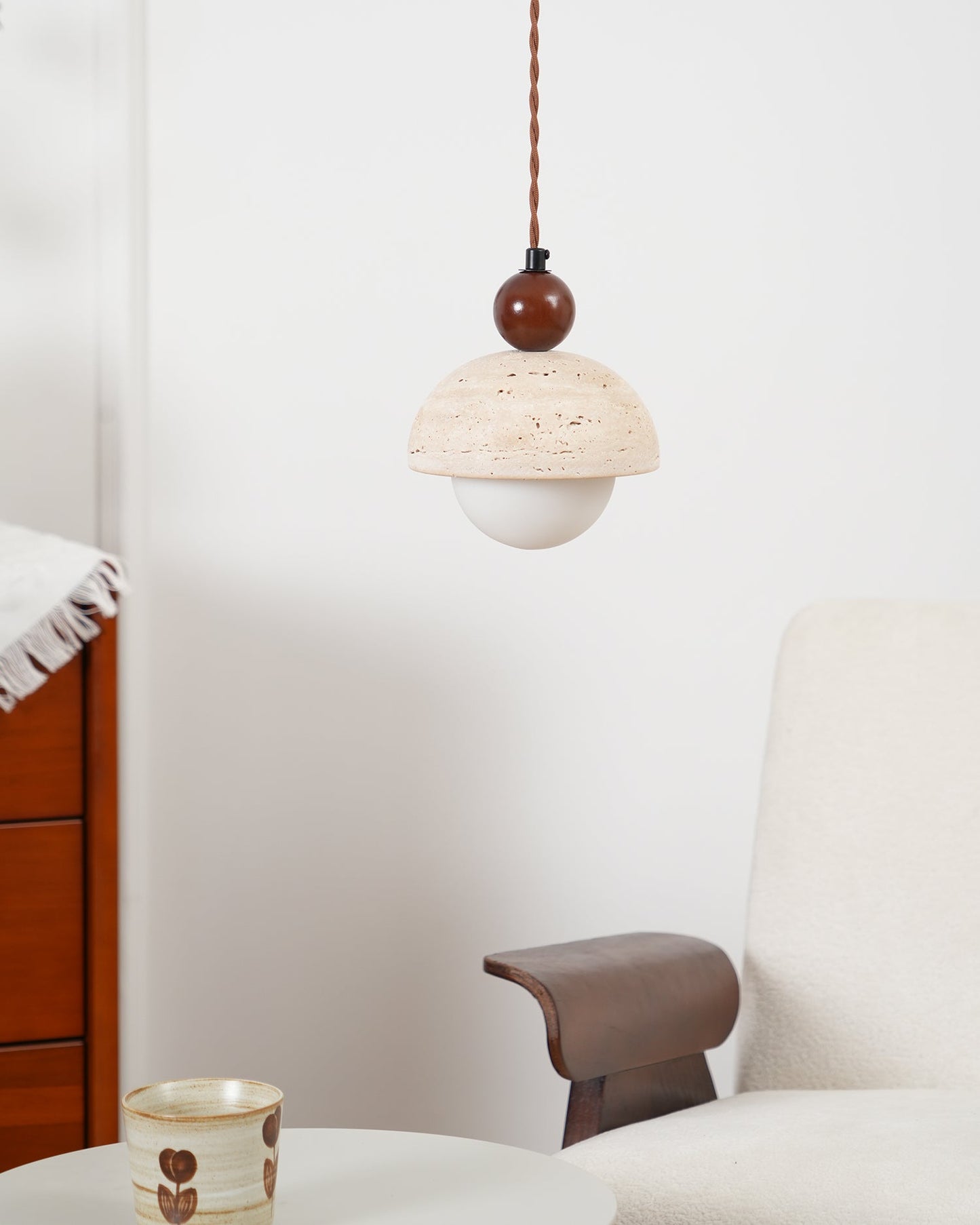 Suspension Palermo, Travertin, Verre & Bois, 15cm