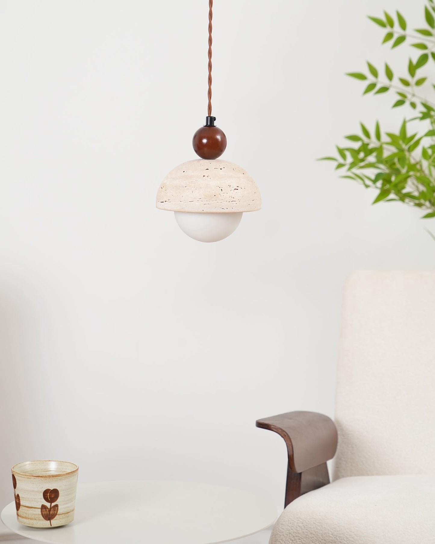 Suspension Palermo, Travertin, Verre & Bois, 15cm
