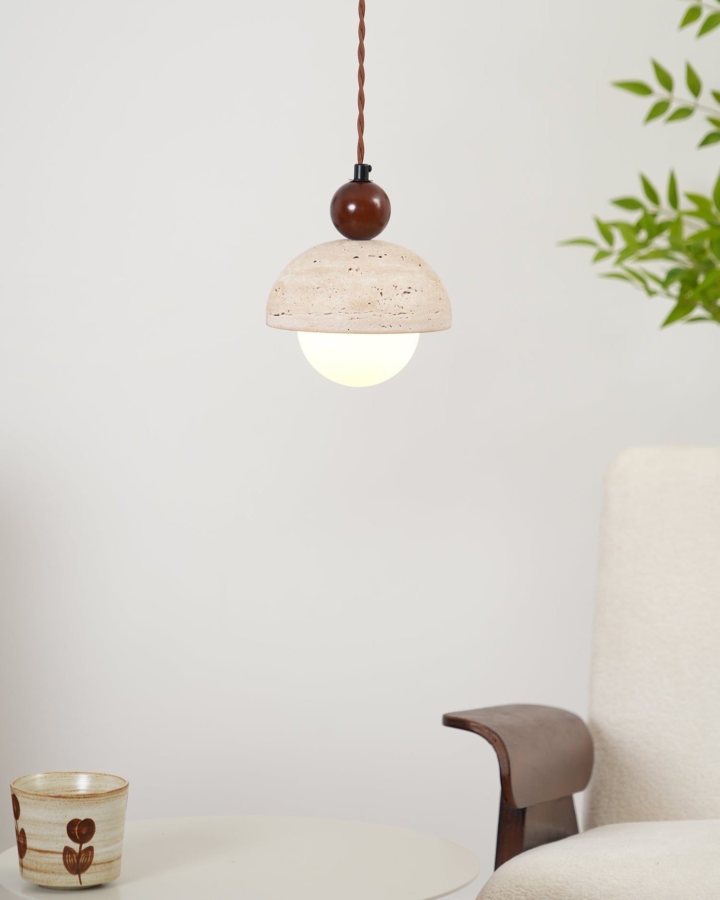 Suspension Palermo, Travertin, Verre & Bois, 15cm