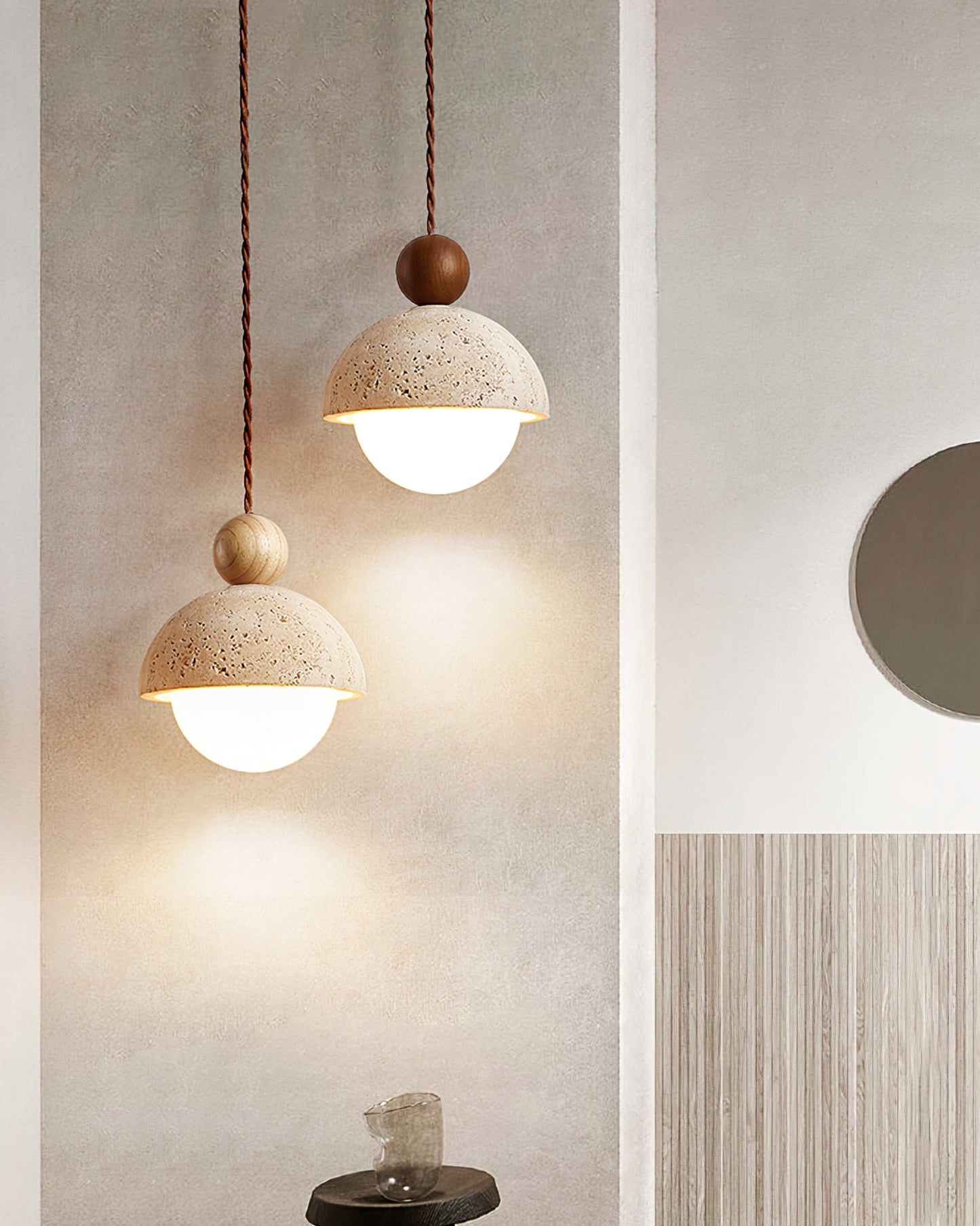 Suspension Palermo, Travertin, Verre & Bois, 15cm