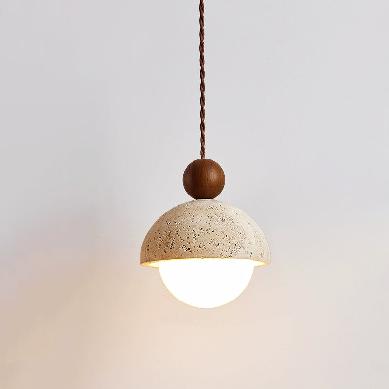 Suspension Palermo, Travertin, Verre & Bois, 15cm