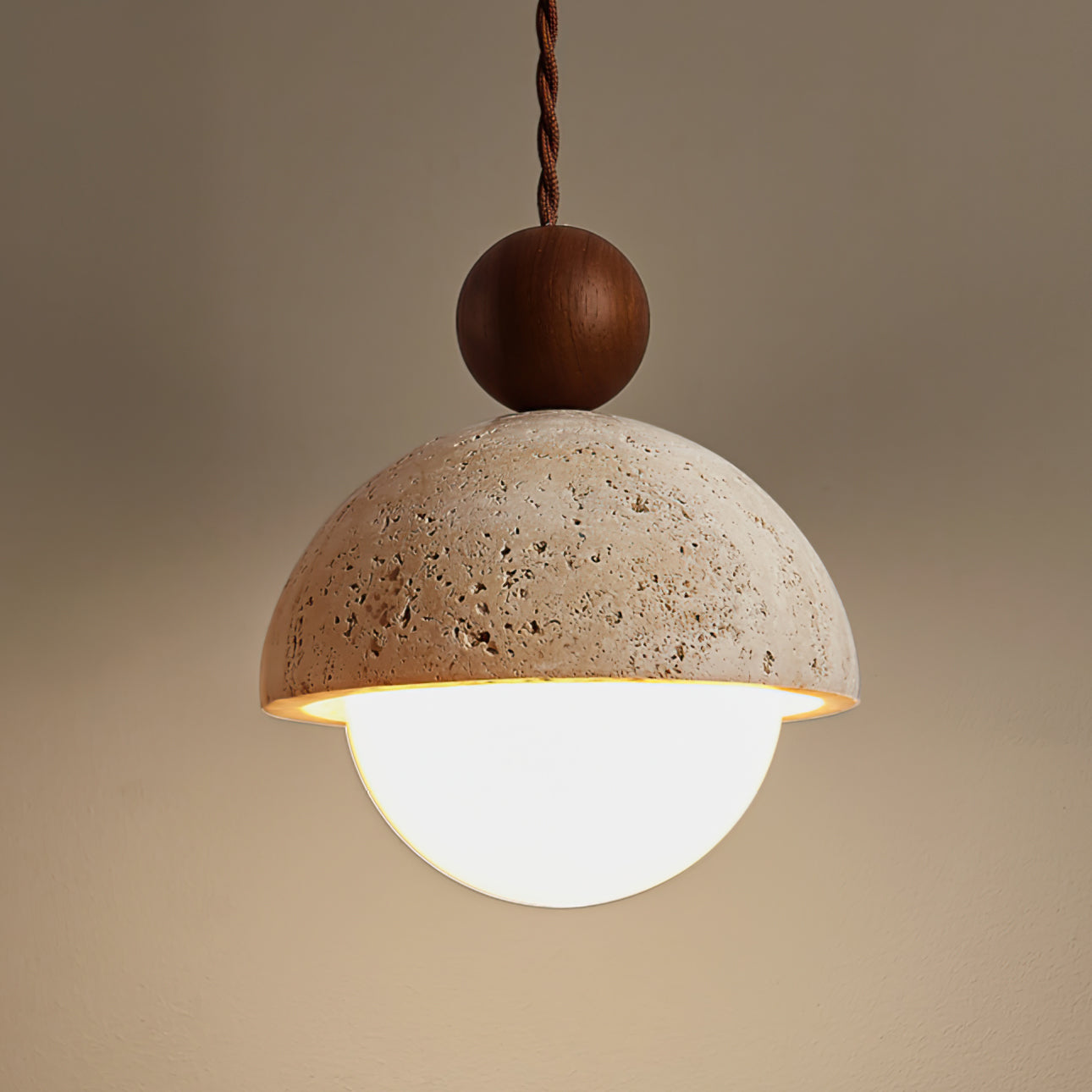 Suspension Palermo, Travertin, Verre & Bois, 15cm