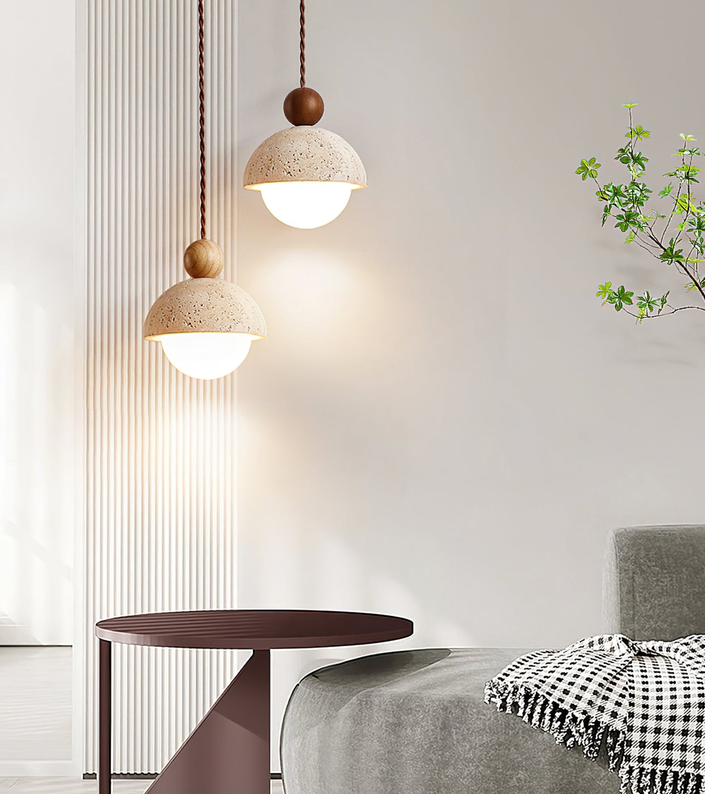 Suspension Palermo, Travertin, Verre & Bois, 15cm