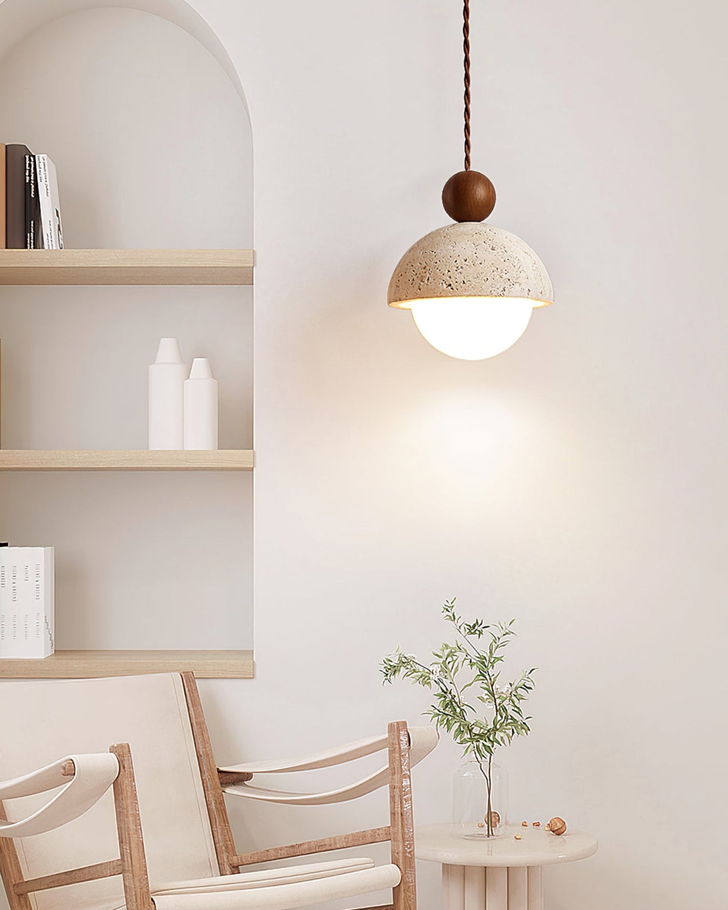 Suspension Palermo, Travertin, Verre & Bois, 15cm