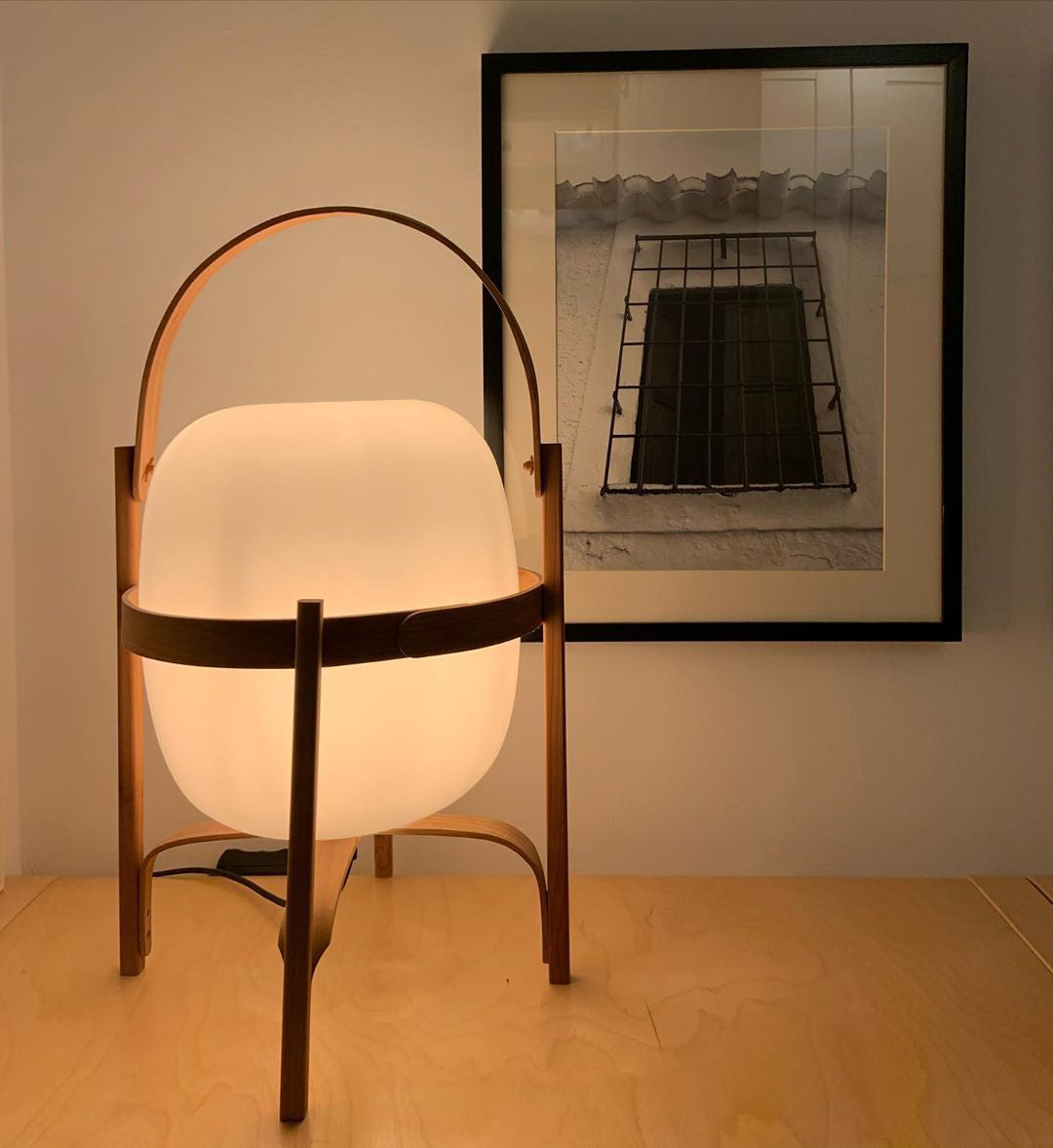 Lampe Nomade en Verre et Bois, Style Lanterne