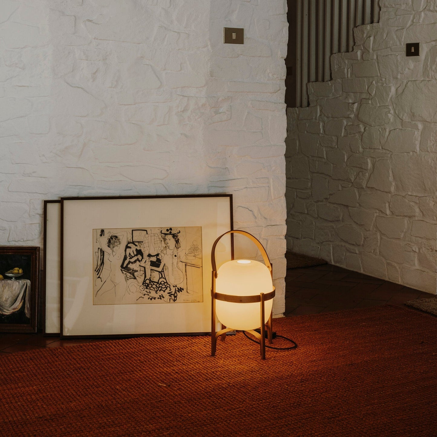 Lampe Nomade en Verre et Bois, Style Lanterne