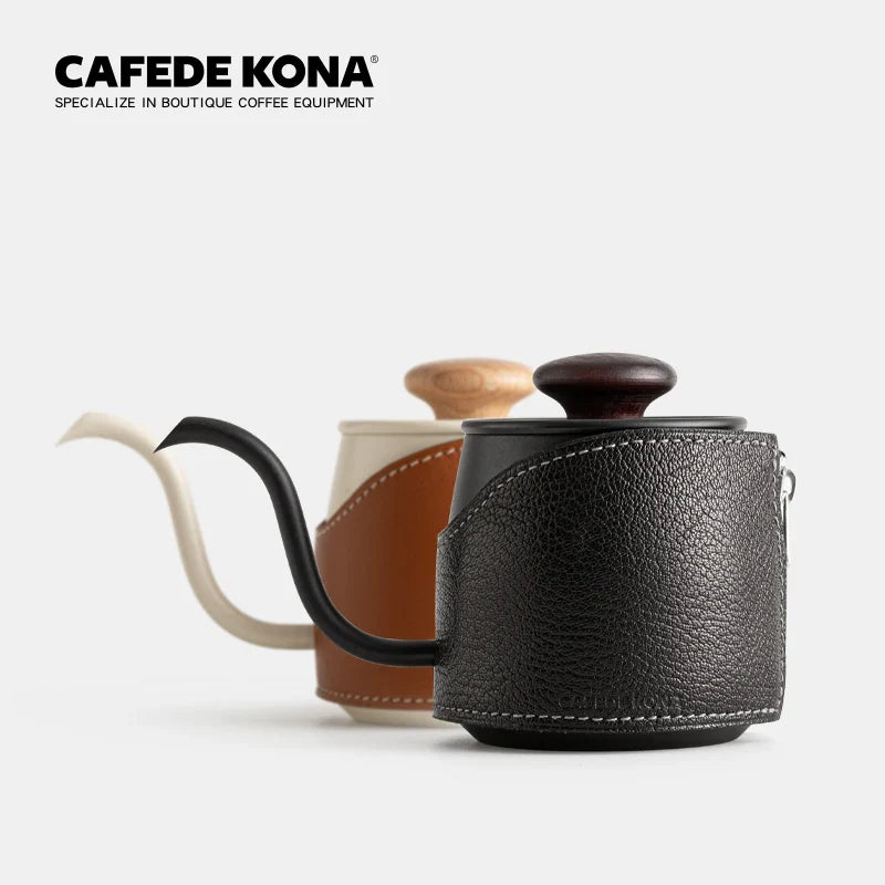 Bouilloire à Col de Cygne Sans Poignée 360ml – Cafetière à Verser Design en Acier Inoxydable et Cuir