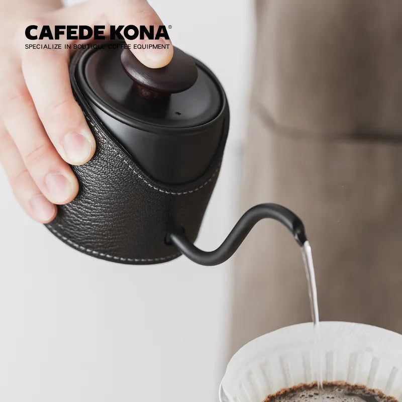 Bouilloire à Col de Cygne Sans Poignée 360ml – Cafetière à Verser Design en Acier Inoxydable et Cuir