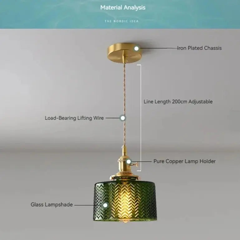 Suspension Scandinave, Abat-Jour en Verre Vert, Hauteur Réglable