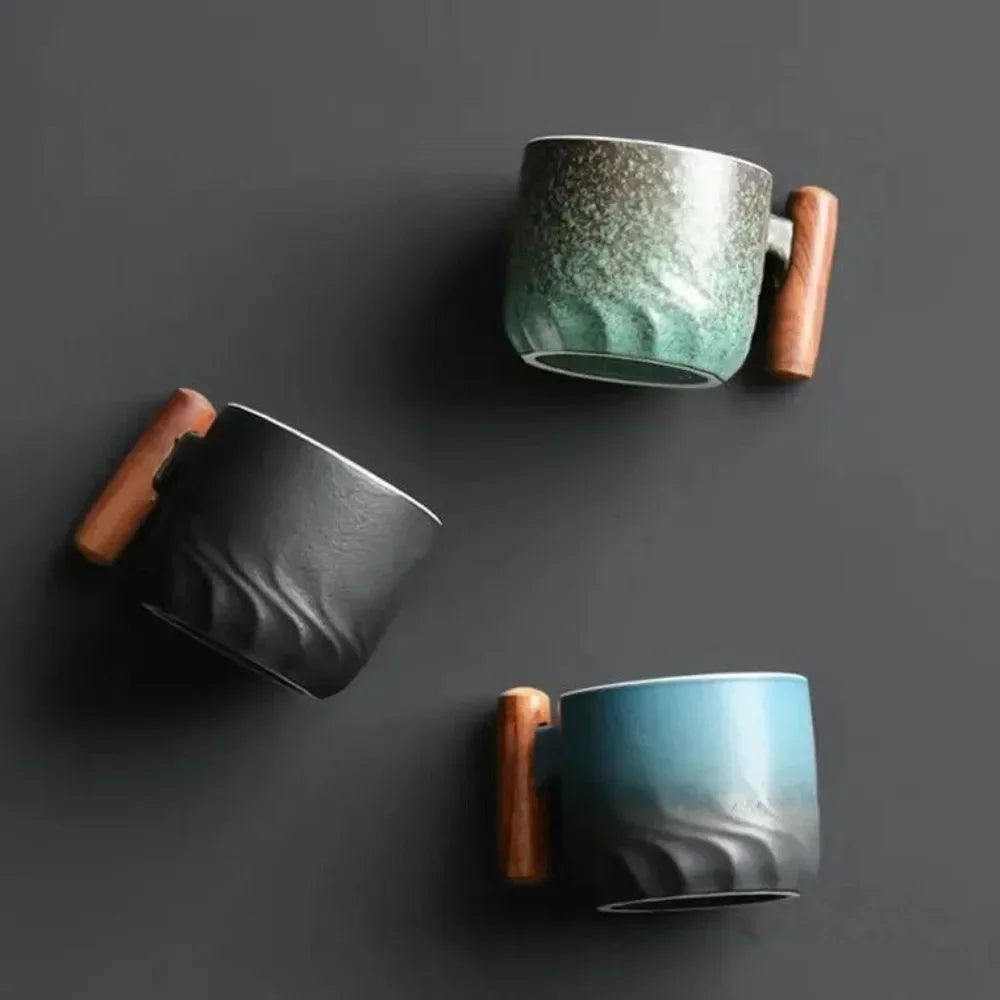 Tasses Espresso Vintage, Céramique, Poignée Bois 80ml