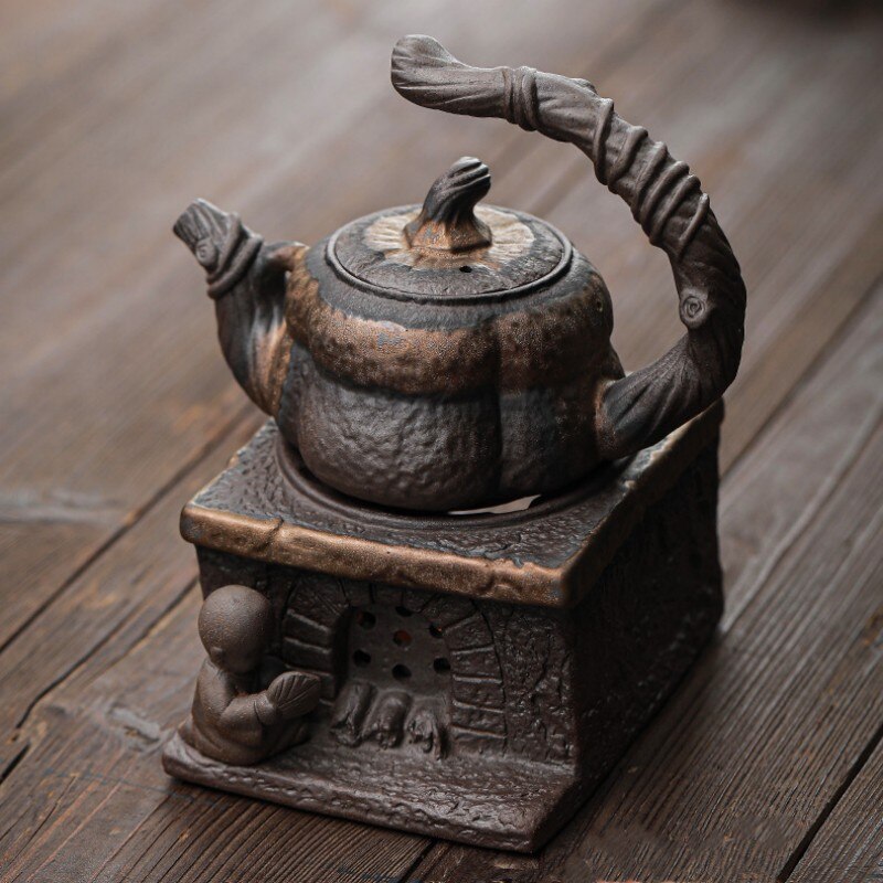Théière Japonaise Artisanale en Céramique – Style Citrouille avec Anse Sculptée et Infuseur