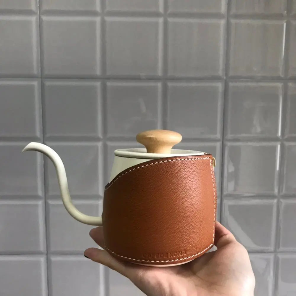 Bouilloire à Col de Cygne Sans Poignée 360ml – Cafetière à Verser Design en Acier Inoxydable et Cuir
