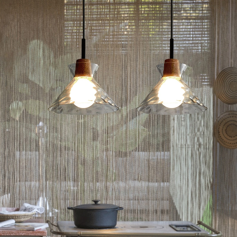 Suspension Verre Élégant E27 – Bois, Métal Noir Mat