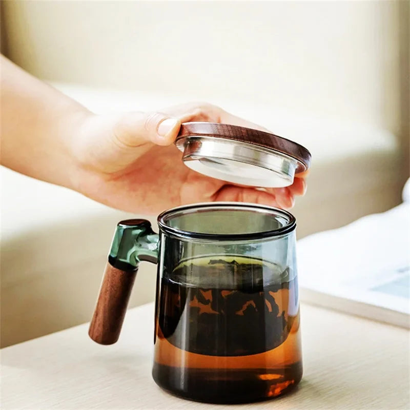 Théière Verre Fumé avec Poignée Bois, 400ml