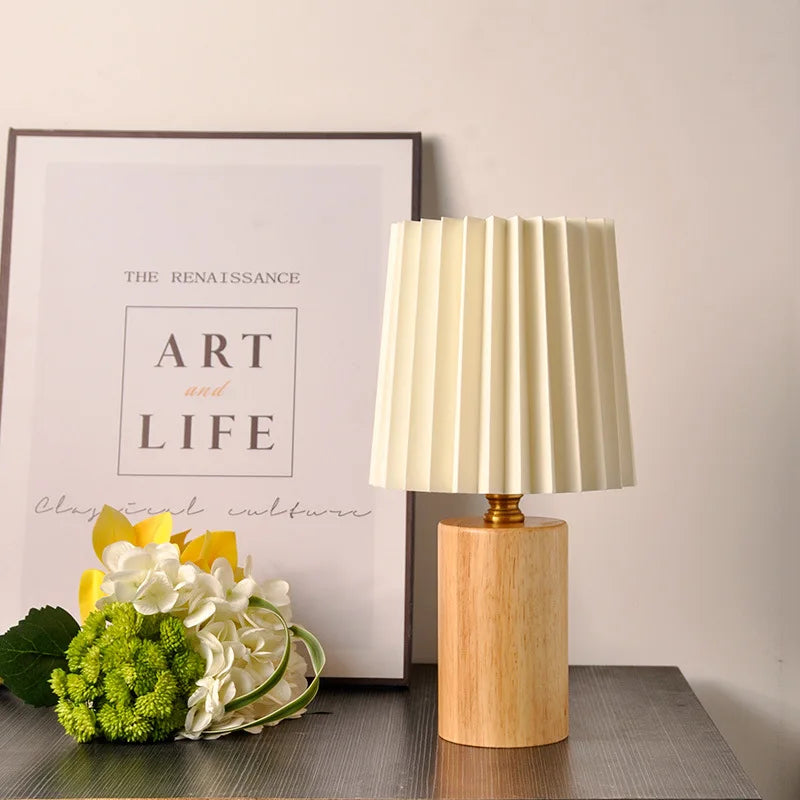 Lampe de Table Bois et Abat-Jour Plissé