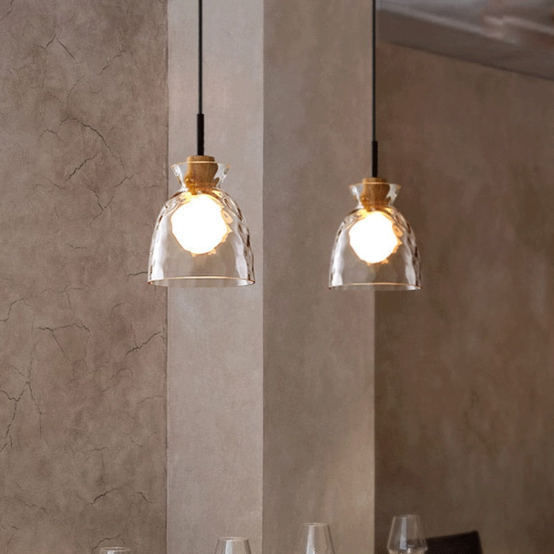 Suspension Verre Élégant E27 – Bois, Métal Noir Mat