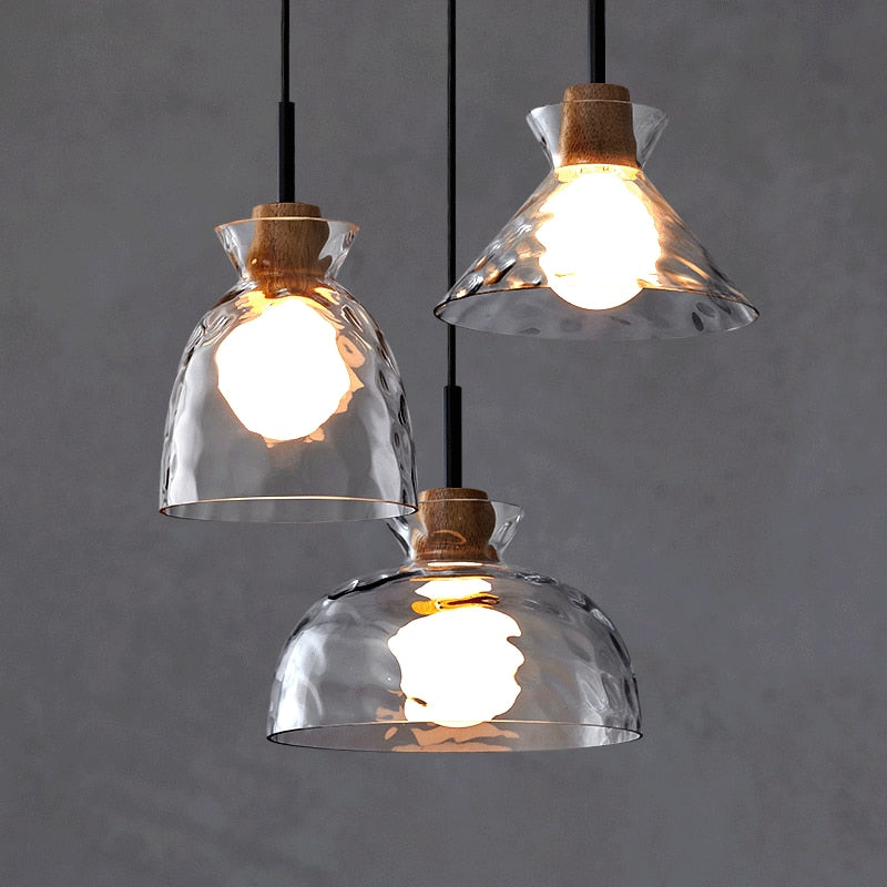 Suspension Verre Élégant E27 – Bois, Métal Noir Mat
