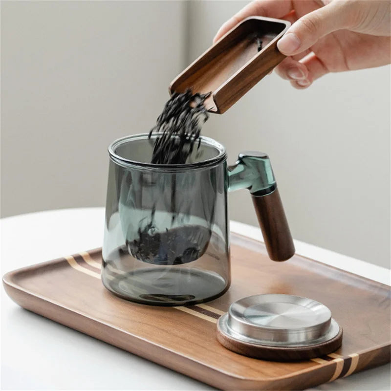 Théière Verre Fumé avec Poignée Bois, 400ml