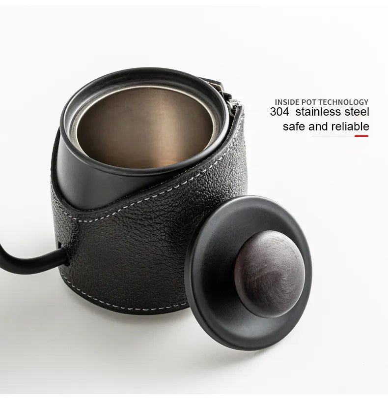 Bouilloire à Col de Cygne Sans Poignée 360ml – Cafetière à Verser Design en Acier Inoxydable et Cuir