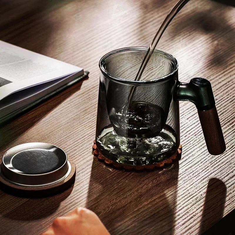 Théière Verre Fumé avec Poignée Bois, 400ml