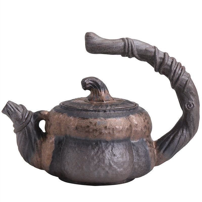 Théière Japonaise Artisanale en Céramique – Style Citrouille avec Anse Sculptée et Infuseur