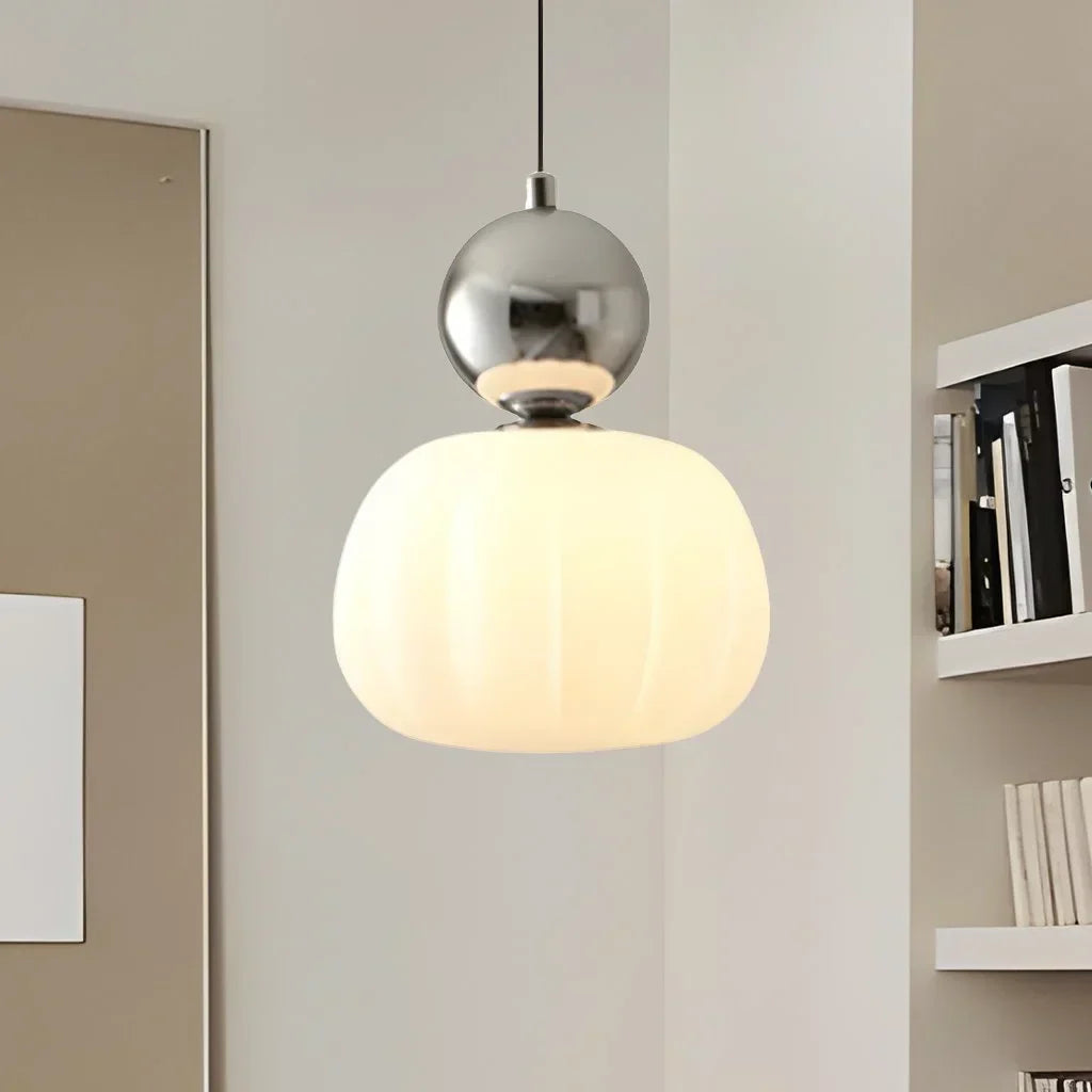Suspension Art Déco, Crème, Verre Givré, Ø16cm x H22cm