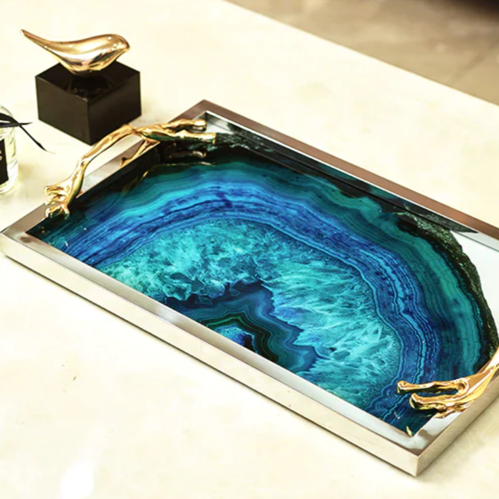 Plateau Décoratif en Agate Bleue – Luxe Naturel pour Vos Moments de Dégustation