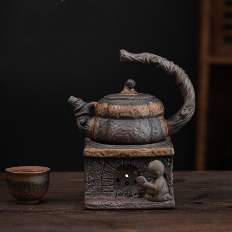 Théière Japonaise Artisanale en Céramique – Style Citrouille avec Anse Sculptée et Infuseur