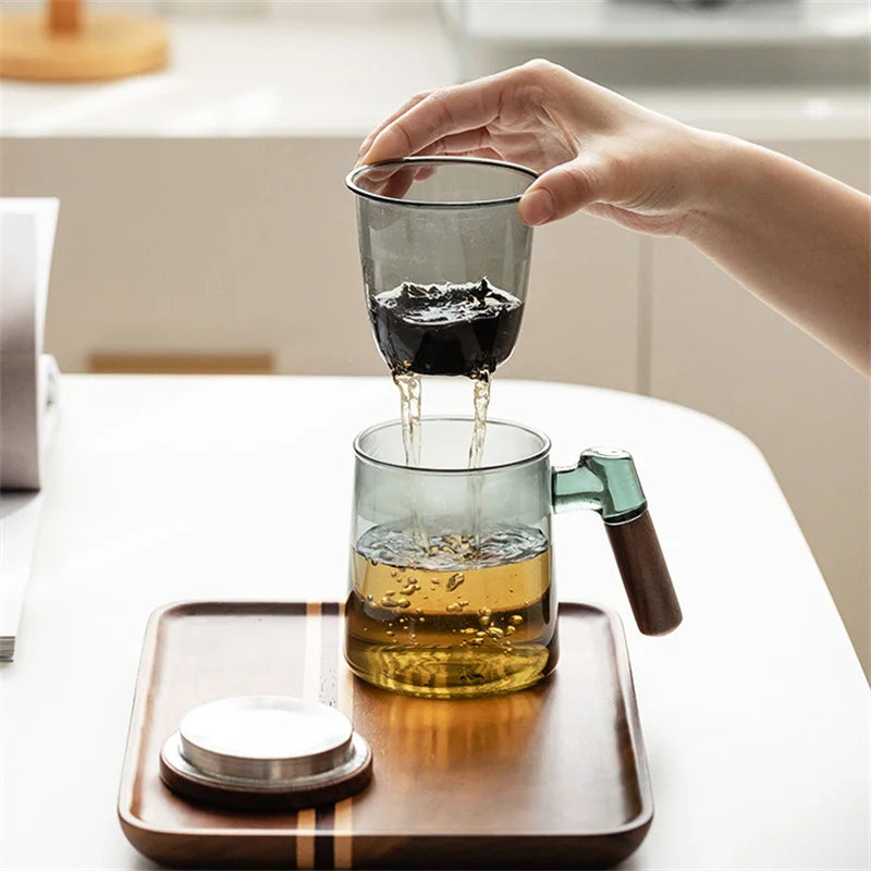 Théière Verre Fumé avec Poignée Bois, 400ml